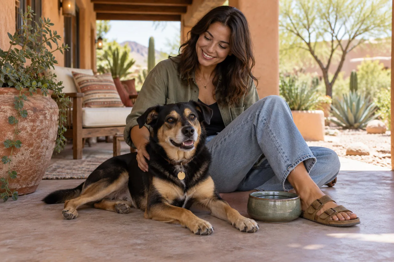 Owner with a dog beside desert landscaping, used as an illustrative Southwestern setting